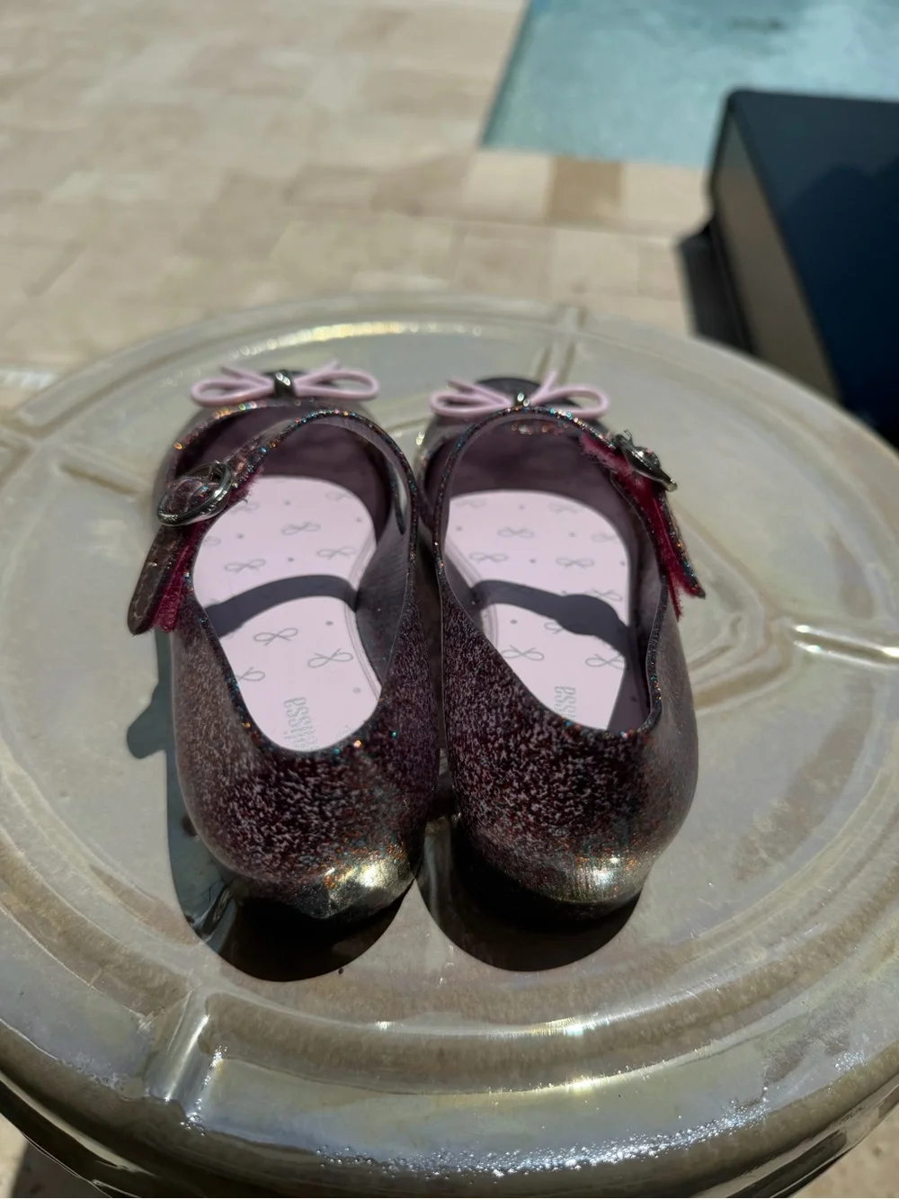 Mini Melissa Girls' Glitter Mary Jane Ballet Flats with Pink Bow girl size 12